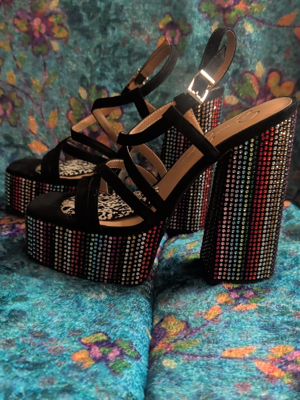 Jessica Simpson Black Platform Heels with Multicolor Crystal Embellishment, 8